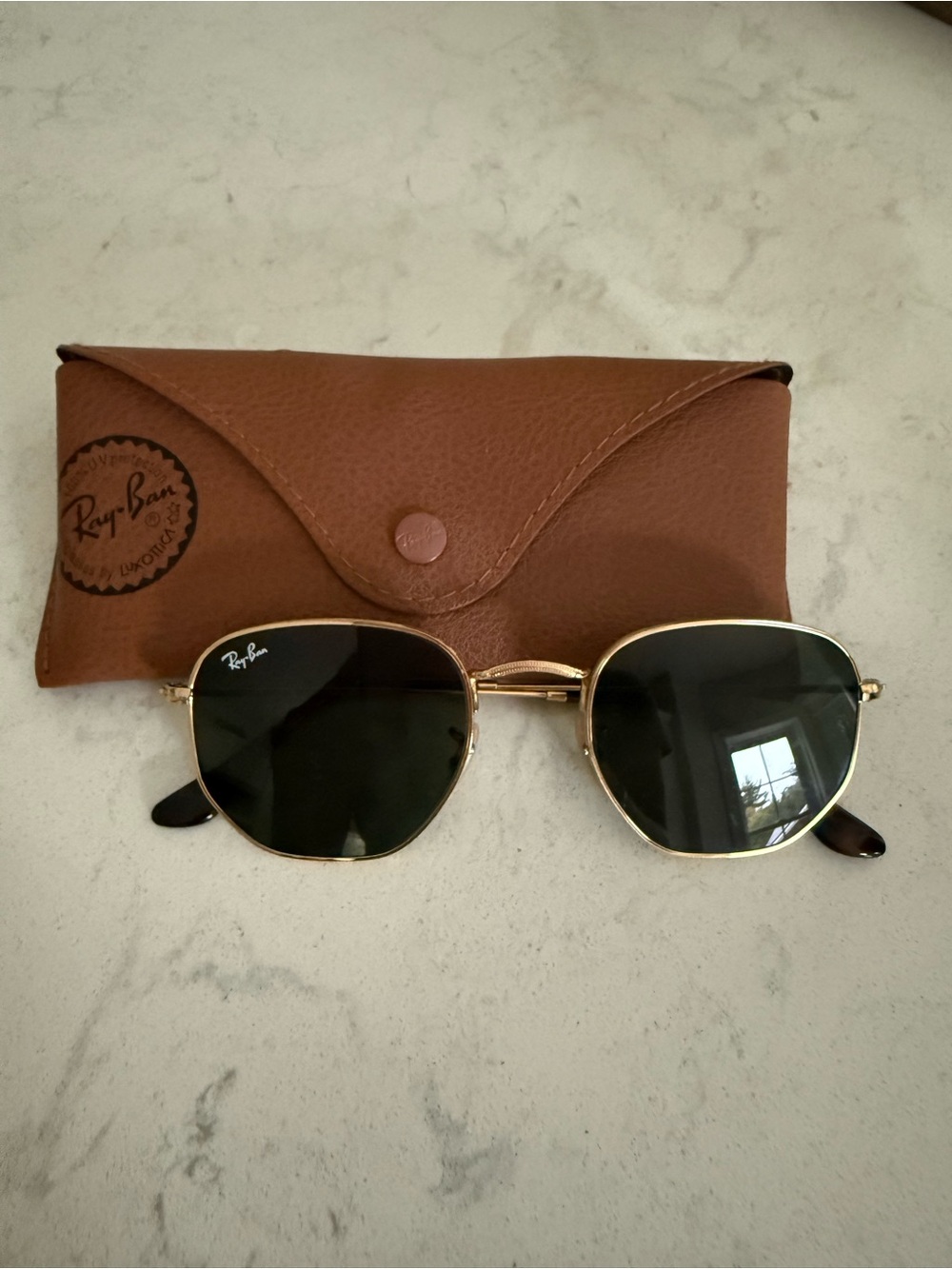 Ray-Ban Hexagonal Gold Frame Black Lens Sunglasses with Brown Case